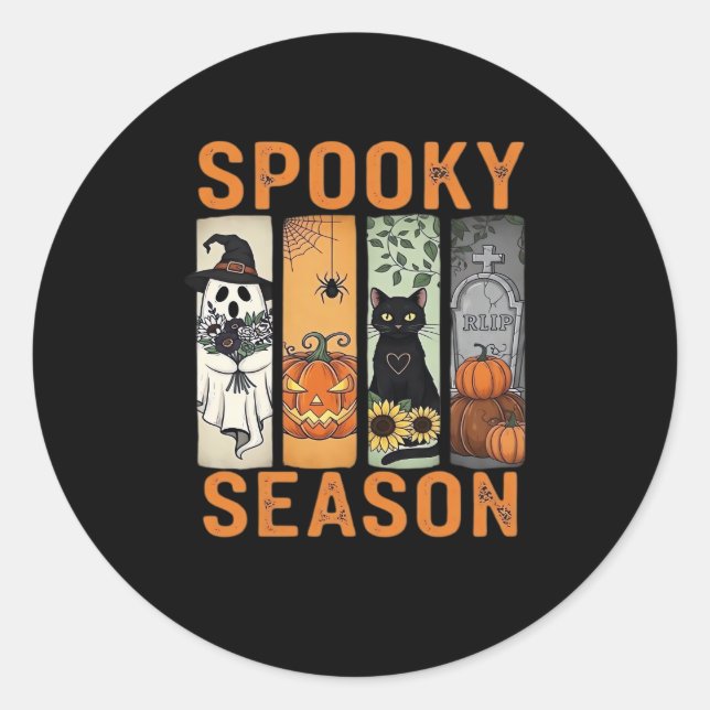 Spooky Season � Cute Ghost, Black Cat, Pumpkin & H Classic Round Sticker (Front)
