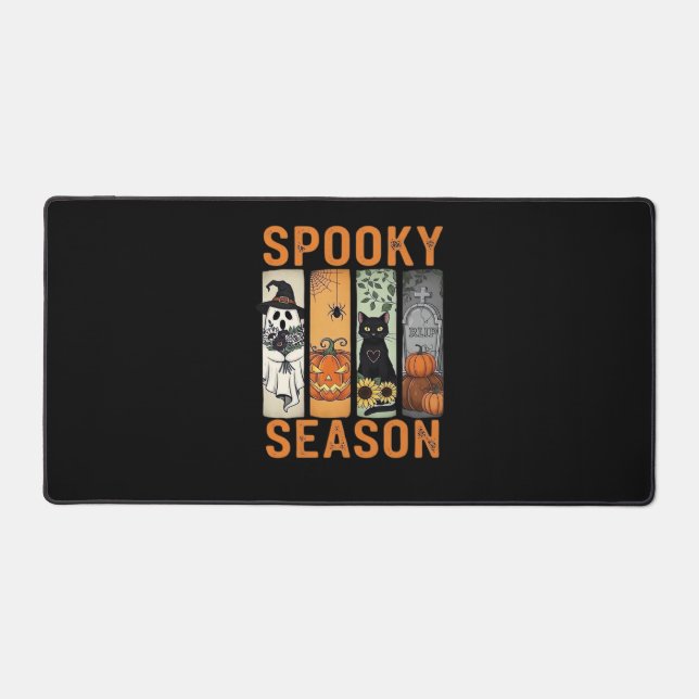 Spooky Season – Cute Ghost, Black Cat, Pumpkin & H Desk Mat (Front)