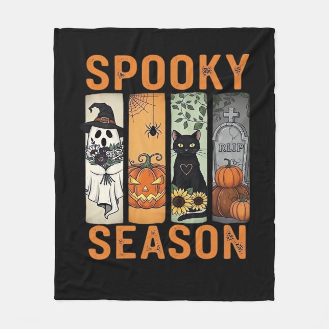 Spooky Season – Cute Ghost, Black Cat, Pumpkin & H Fleece Blanket (Front)