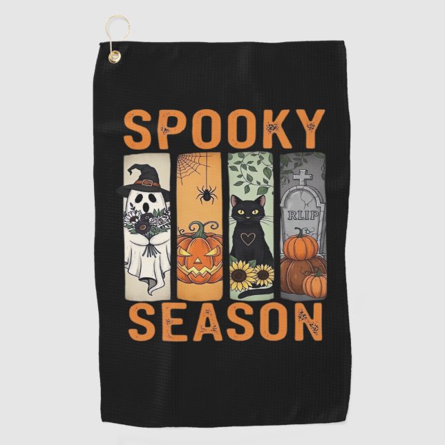 Spooky Season – Cute Ghost, Black Cat, Pumpkin & H Golf Towel (Front)