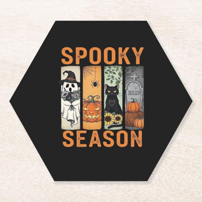 Spooky Season – Cute Ghost, Black Cat, Pumpkin & H Paper Coaster (Front)