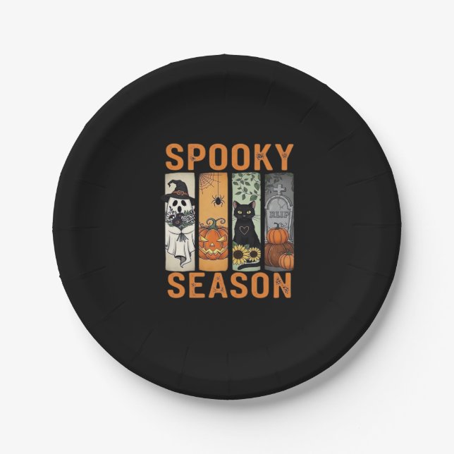 Spooky Season � Cute Ghost, Black Cat, Pumpkin & H Paper Plate (Front)