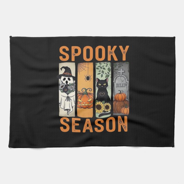Spooky Season � Cute Ghost, Black Cat, Pumpkin & H Tea Towel (Horizontal)