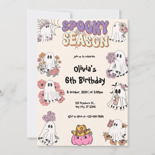 Spooky Season Cute Ghost floral Halloween Birthday Invitation (Front)