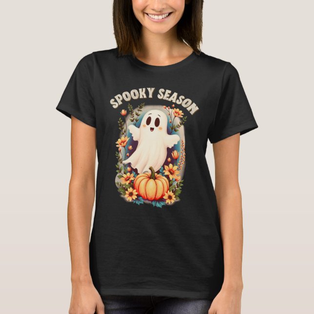 Spooky Season Cute Ghost Floral Retro  T-Shirt (Front)