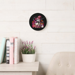 Spooky Season Cute Ghost in Witch Hat and Pumpkin Round Clock