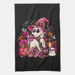 Spooky Season Cute Ghost in Witch Hat and Pumpkin Tea Towel