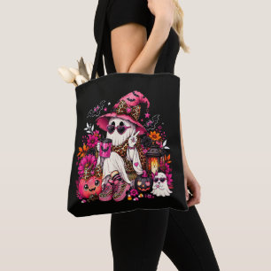Spooky Season Cute Ghost in Witch Hat and Pumpkin Tote Bag