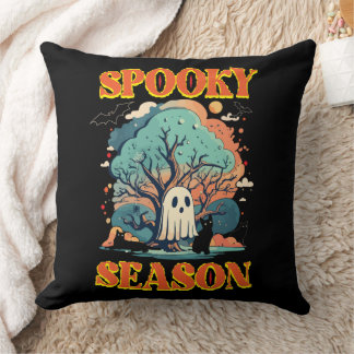 Spooky Season Ghost & Black Cat Halloween Design Cushion