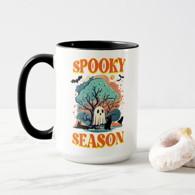 Spooky Season Ghost & Black Cat Halloween Design Mug (With Donut)