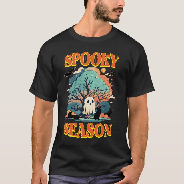 Spooky Season Ghost & Black Cat Halloween Design T-Shirt (Front)