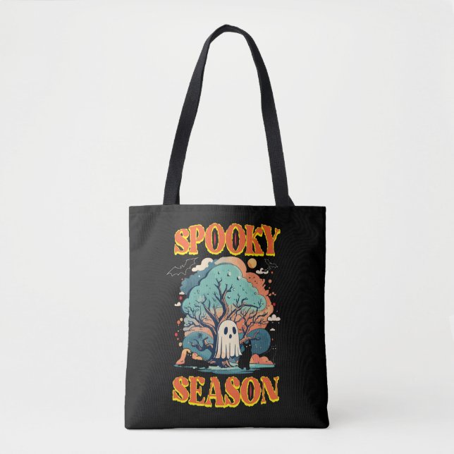 Spooky Season Ghost & Black Cat Halloween Design Tote Bag (Front)