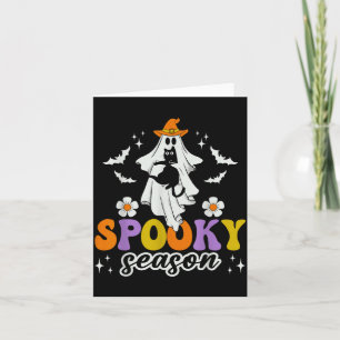 Spooky Season Ghost Holding Black Cat Groovy Card