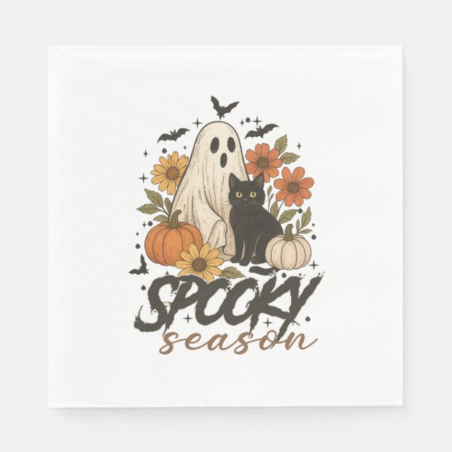 Spooky Season Ghost Retro Spooky Floral Halloween  Napkin (Front)