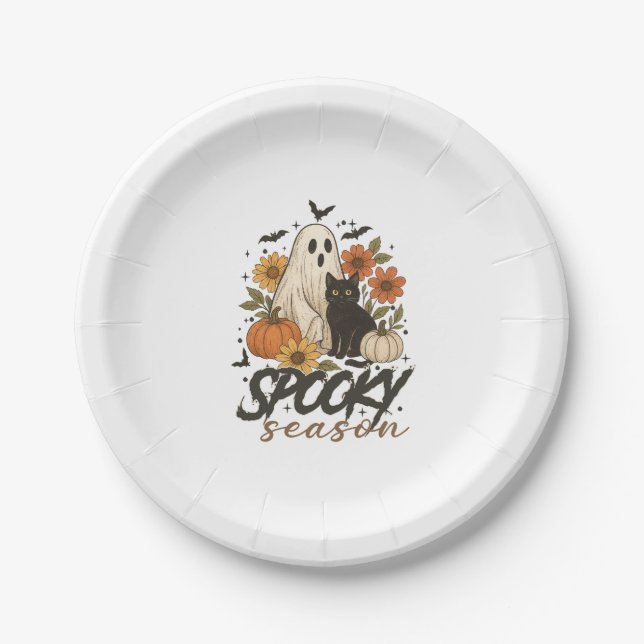 Spooky Season Ghost Retro Spooky Floral Halloween  Paper Plate (Front)