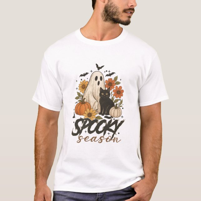 Spooky Season Ghost Retro Spooky Floral Halloween  T-Shirt (Front)