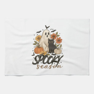 Spooky Season Ghost Retro Spooky Floral Halloween  Tea Towel
