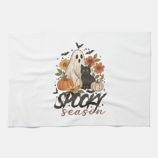 Spooky Season Ghost Retro Spooky Floral Halloween  Tea Towel (Horizontal)