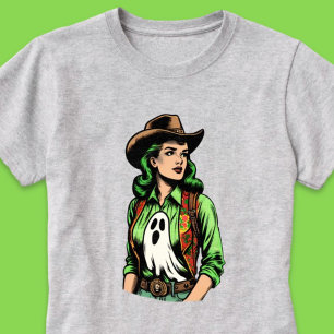 Spooky Season Green Retro Cowgirl with Ghost  T-Shirt