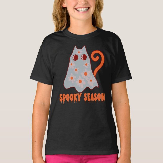 Spooky Season Groovy Ghost Cat Halloween T-Shirt (Front)