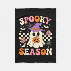Spooky season groovy ghost pumpkin retro halloween fleece blanket