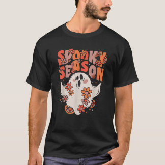 Spooky Season Groovy Ghost With Vintage Flowers Ha T-Shirt