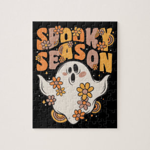Spooky Season Groovy Ghost With Vintage Flowers Ji Jigsaw Puzzle