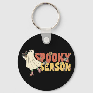 Spooky Season Groovy Ghost With Vintage Flowers Ke Key Ring