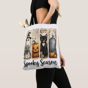 Spooky Season Halloween Black Cat, Ghost, Pumpkin  Tote Bag
