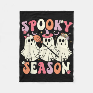 Spooky Season Halloween Ghost Costume Retro Groovy Fleece Blanket