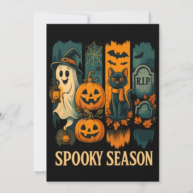 Spooky Season Halloween – Ghost, Pumpkins, Cat Invitation (Front)