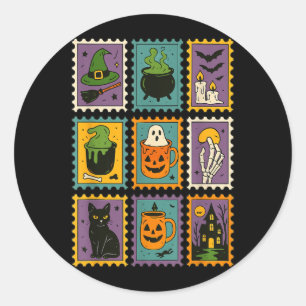 Spooky Season Halloween Witchy Ghost Pumpkin Black Classic Round Sticker
