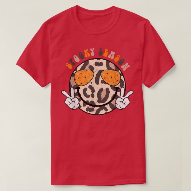 Spooky Season Leopard Smile Face Glasses Hippie Ha T-Shirt (Design Front)