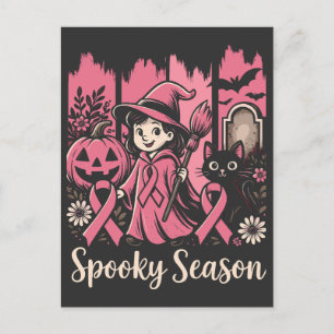 Spooky Season Pink Ribbon – Cute Halloween Witch Holiday Postcard