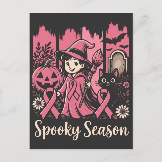  Spooky Season Pink Ribbon – Cute Halloween Witch  Postcard (Front)