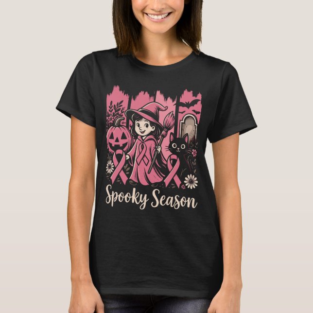  Spooky Season Pink Ribbon – Cute Halloween Witch  T-Shirt (Front)