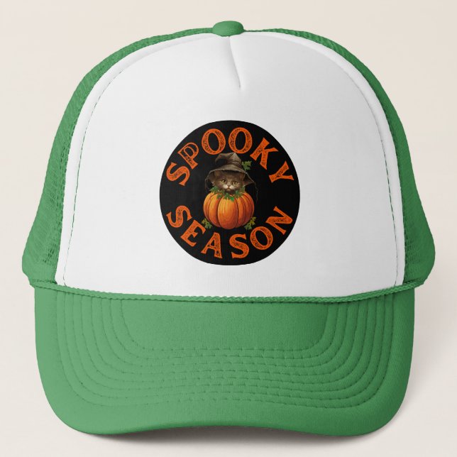 Spooky Season Pumpkin Cat Trucker Hat (Front)