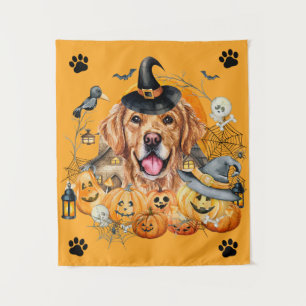 Spooky Season Pumpkin Golden Retriever Halloween Tapestry