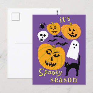 Spooky Season Pumpkins Ghost Bat HAPPY HALLOWEEN Postcard