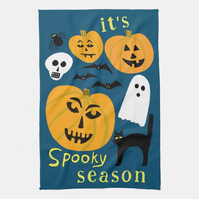 Spooky Season Pumpkins Ghost Bat HAPPY HALLOWEEN Tea Towel (Vertical)