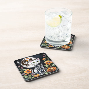 Spooky Season Skeleton Cat Floral Halloween Coaster