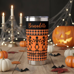 Spooky Season Skeleton Trio Orange & Black Plaid  Insulated Tumbler
