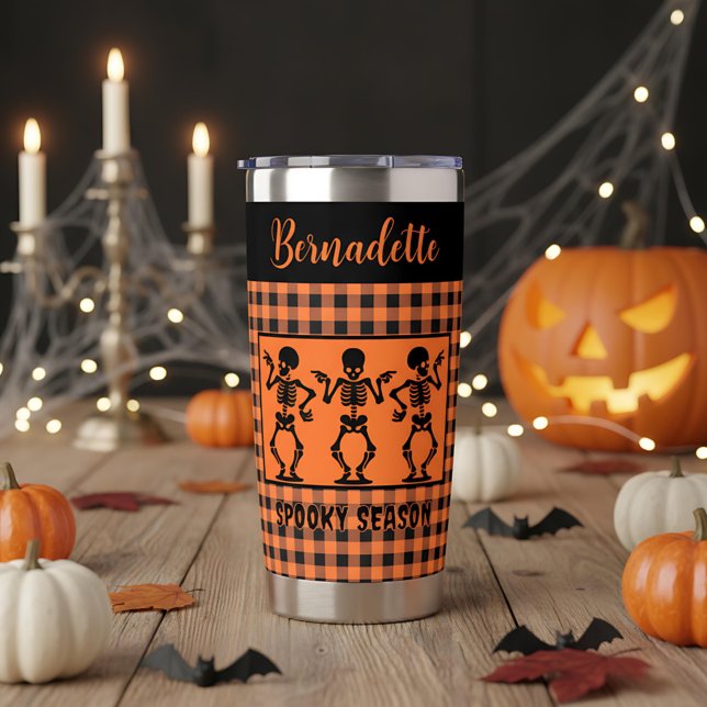 Spooky Season Skeleton Trio Orange & Black Plaid  Insulated Tumbler (Creator Uploaded)