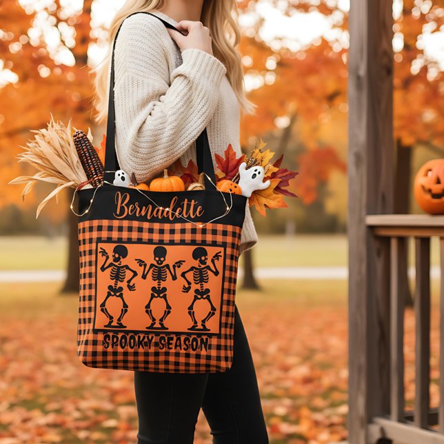 Spooky Season Skeleton Trio Orange & Black Plaid  Tote Bag (Creator Uploaded)