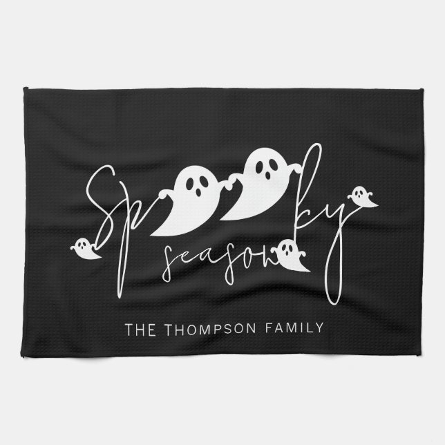 Spooky Season Text And White Ghosts Halloween Tea Towel (Horizontal)