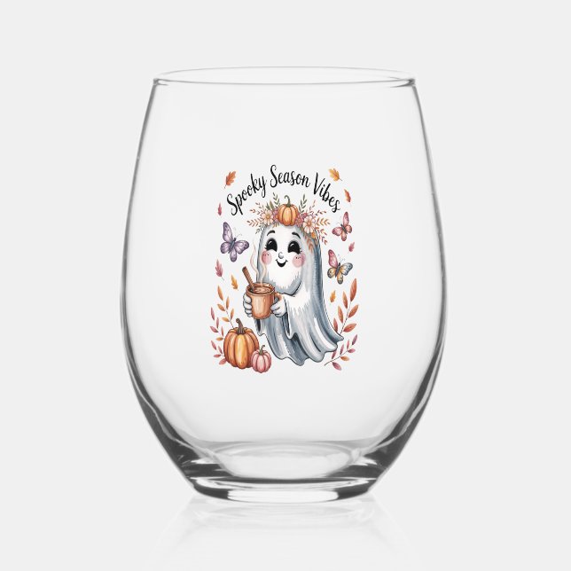 Spooky Season Vibes Ghost Stemless Wine Glass (Front)