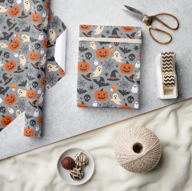 Spooky Seasonal Grey Halloween Pattern Wrapping Paper (Crafts)