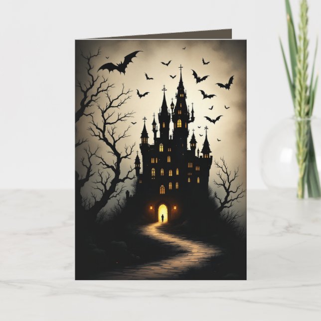 Spooky Shadow Halloween Castle Greeting Cards (Front)