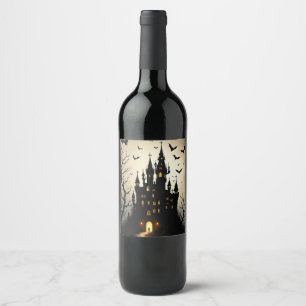 Spooky Shadow Halloween Castle Wine Bottle Labels