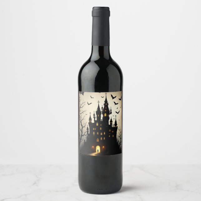Spooky Shadow Halloween Castle Wine Bottle Labels (Front)